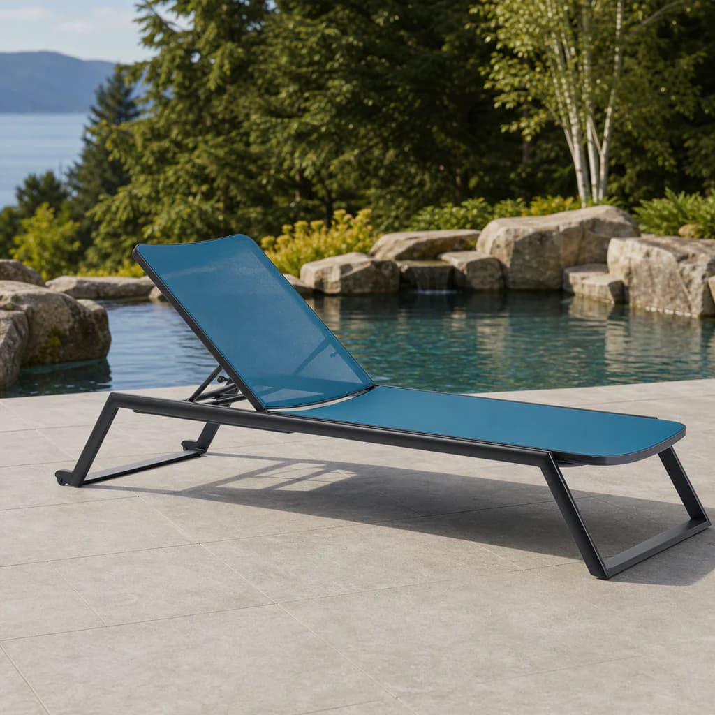 Ratana FN64520 Bahamas dark adjustable sling lounger with wheels beside a Pacific Northwest pool.