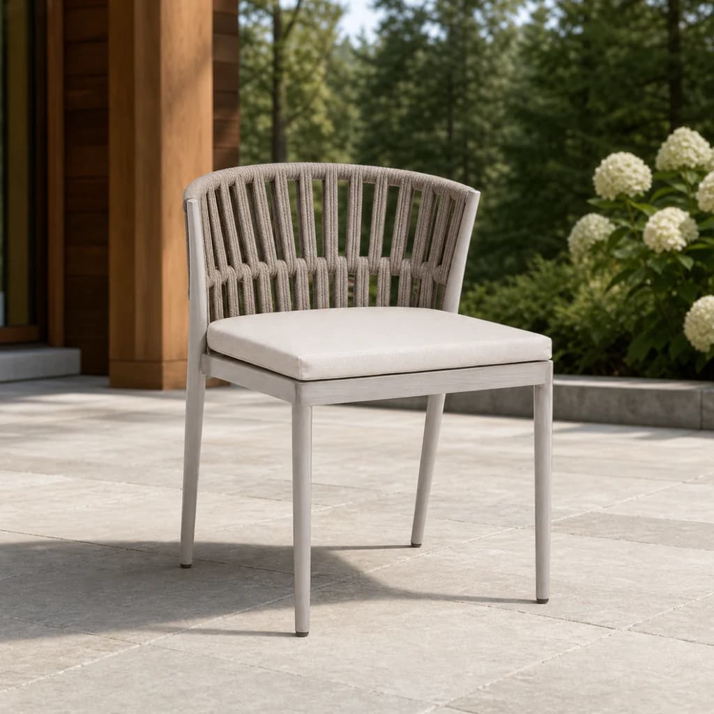 Ratana FN64711 Lineas dining side chair on a cedar garden terrace.
