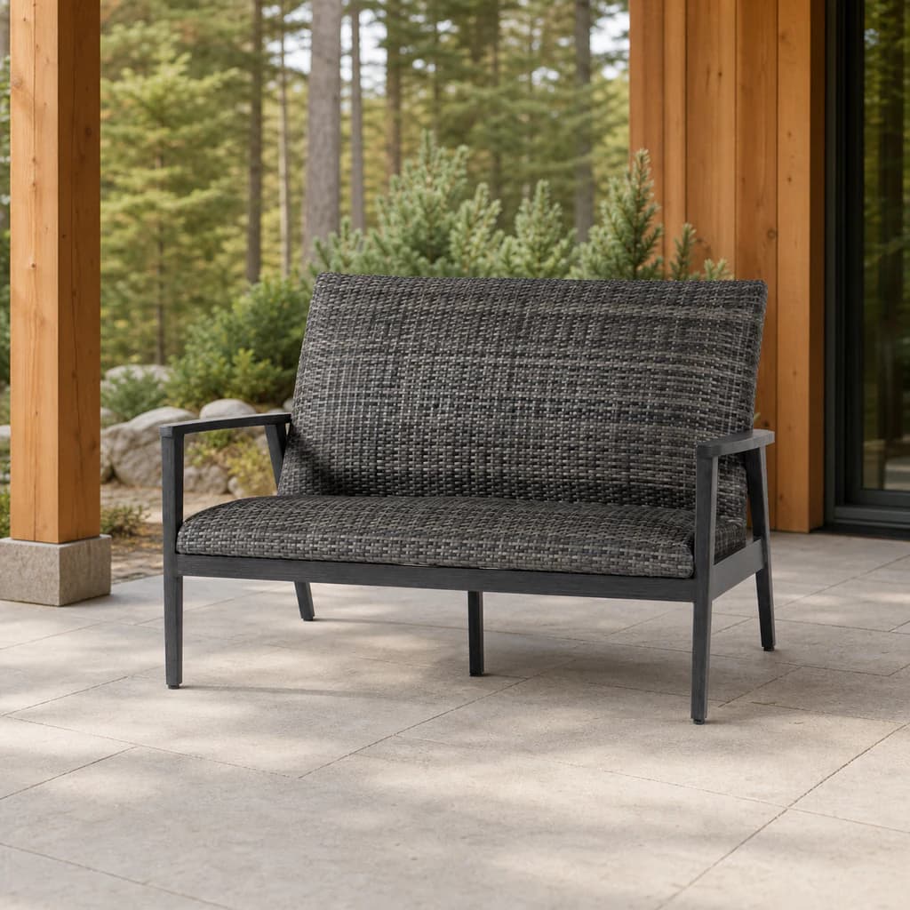 Ratana FN64902 Cabo San Lucas Love Seat in charcoal weave on a cedar patio.