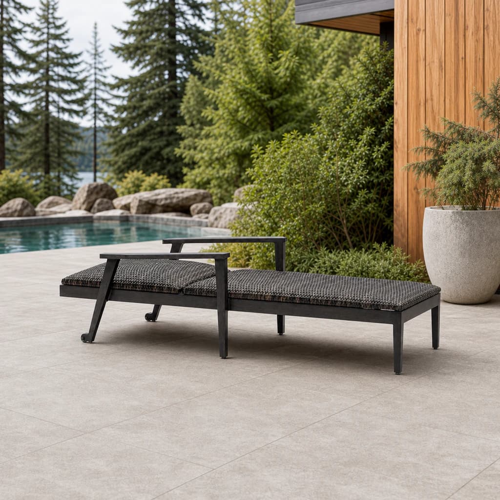 Ratana FN64920 Cabo San Lucas adjustable Lounger with arms and wheels beside an evergreen pool.