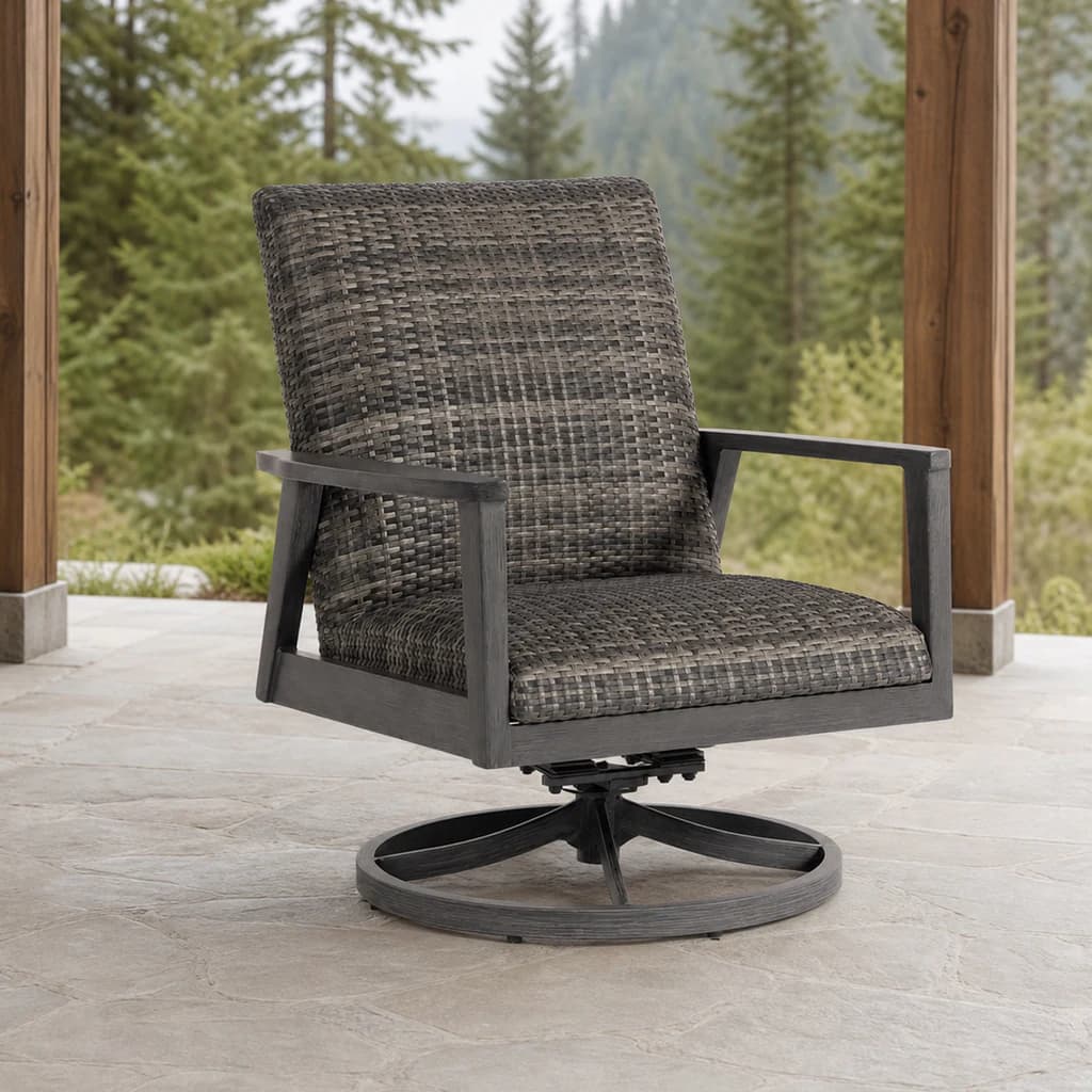 Ratana FN64968 Cabo San Lucas Swivel Rocker with circular base on a mountain patio.