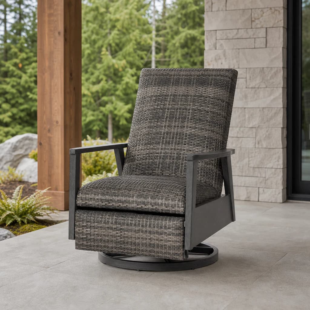 Ratana FN64988 Cabo San Lucas Swivel Recliner with woven footrest and circular base on a covered patio.