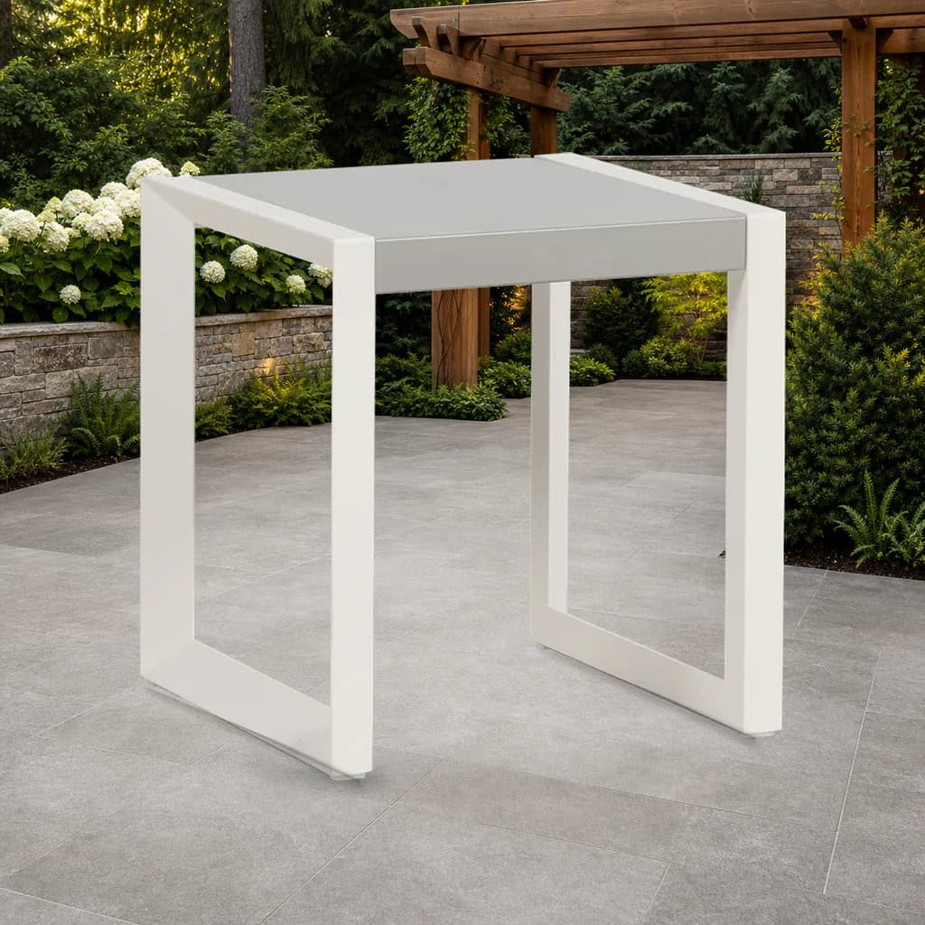 Ratana Avenue light square side table on a premium Pacific Northwest garden terrace.