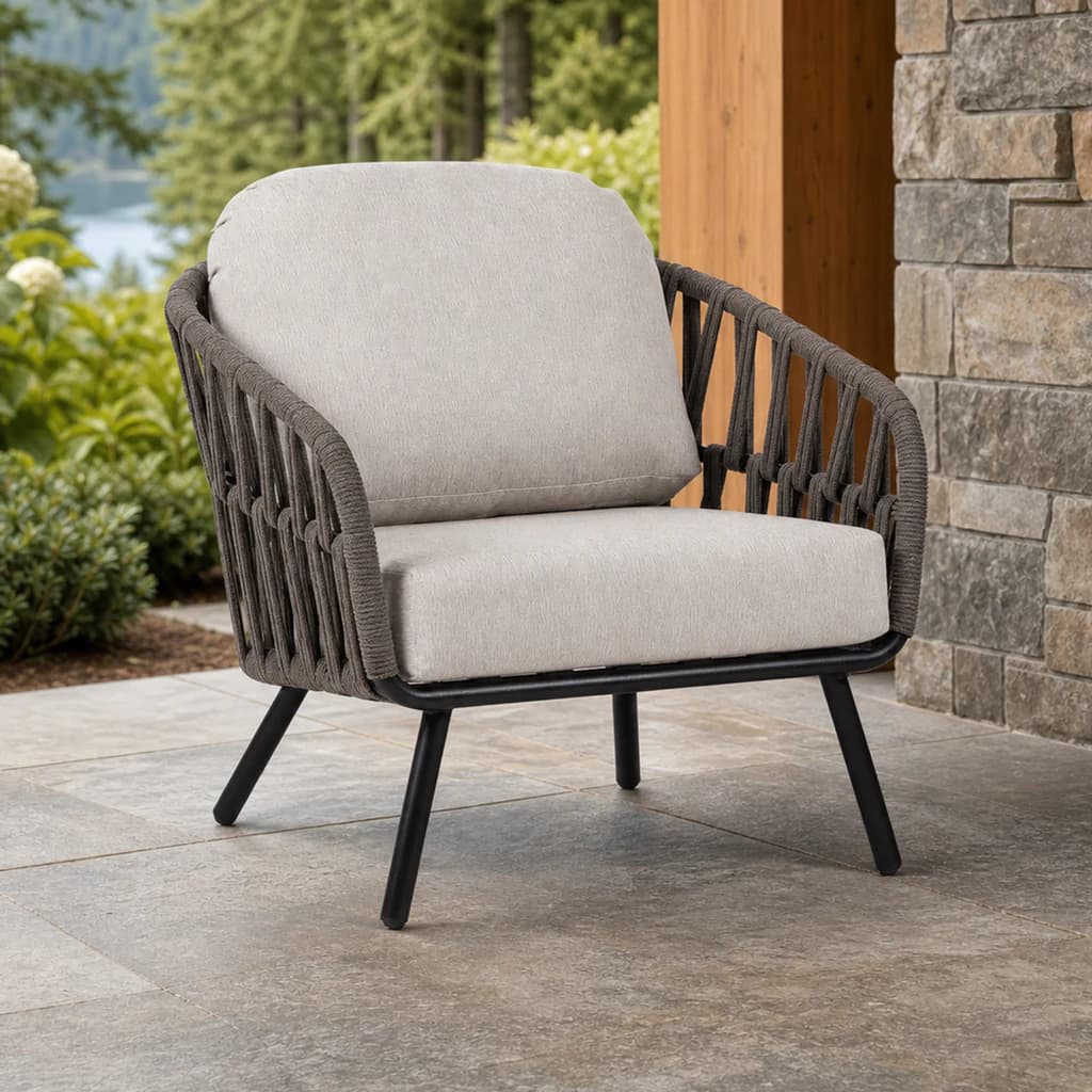 Ratana FN66301 Hamptons club chair on a Pacific Northwest covered patio.