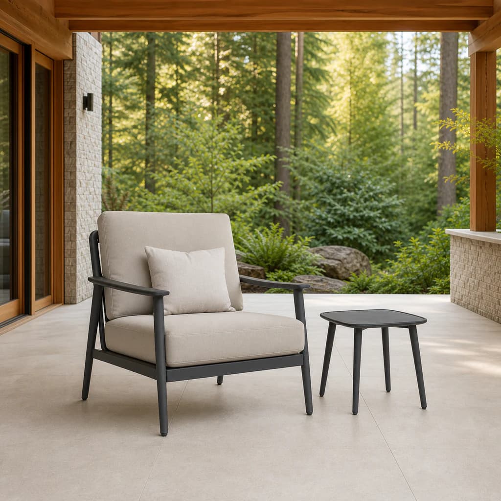 Ratana FN66305 Hamptons end table in graphite on a premium Pacific Northwest covered patio.