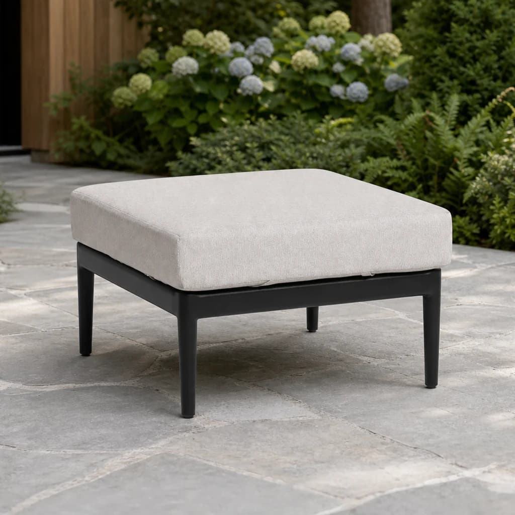 Ratana FN66316 Hamptons ottoman on a hydrangea garden patio.