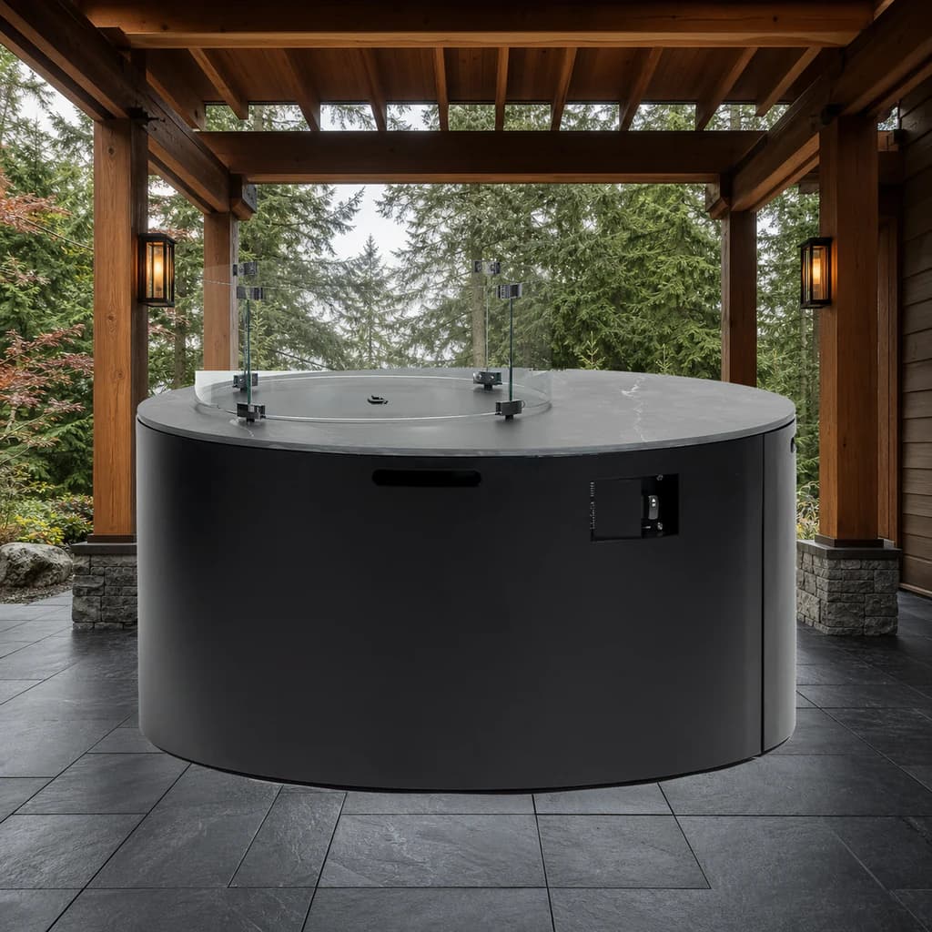 Ratana FN66499-R 42-inch round black fire pit with glass windshield on a covered Pacific Northwest patio.