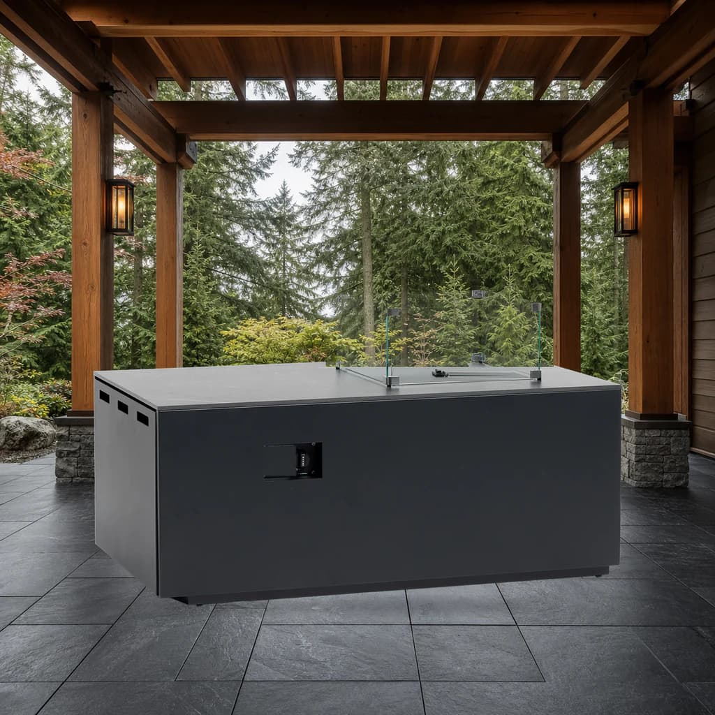 Ratana FN66499-S 50-by-30-inch black rectangular fire pit with glass windshield on a covered patio.