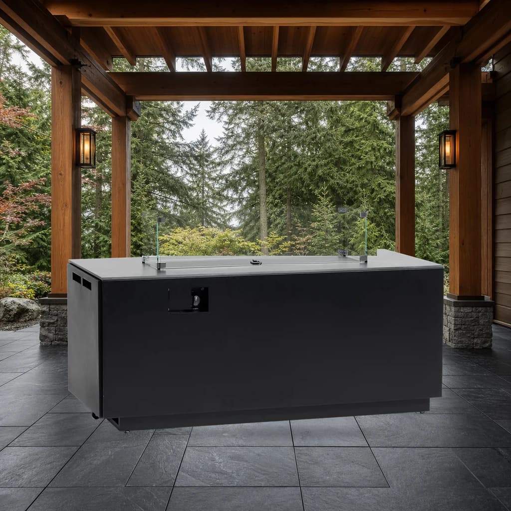 Ratana FN66499-T 54-by-24-inch black rectangular fire pit with glass windshield on a covered patio.