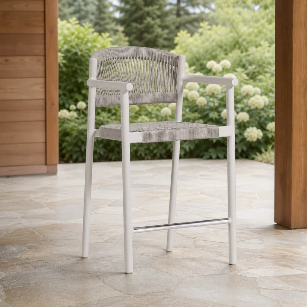Ratana FN67546 Naples counter chair with arms on a covered Pacific Northwest patio.