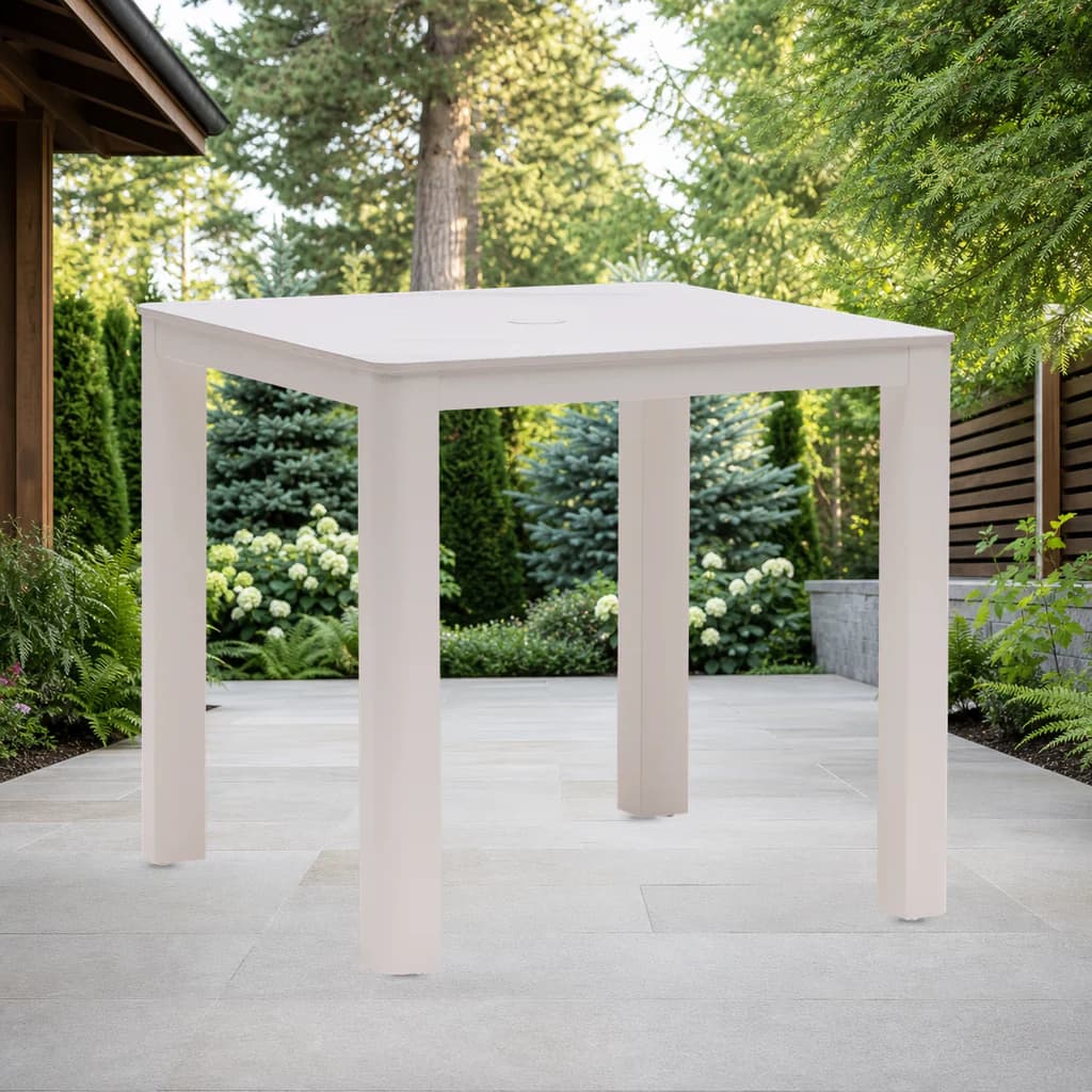 Ratana FN68338 Hampshire 32-inch square dining table with umbrella hole on a garden patio.