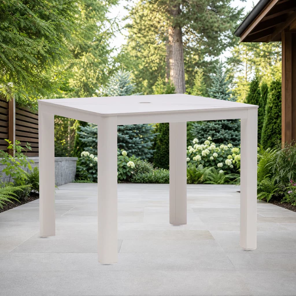 Ratana FN68339 Hampshire 35-inch square dining table with umbrella hole on a garden patio.
