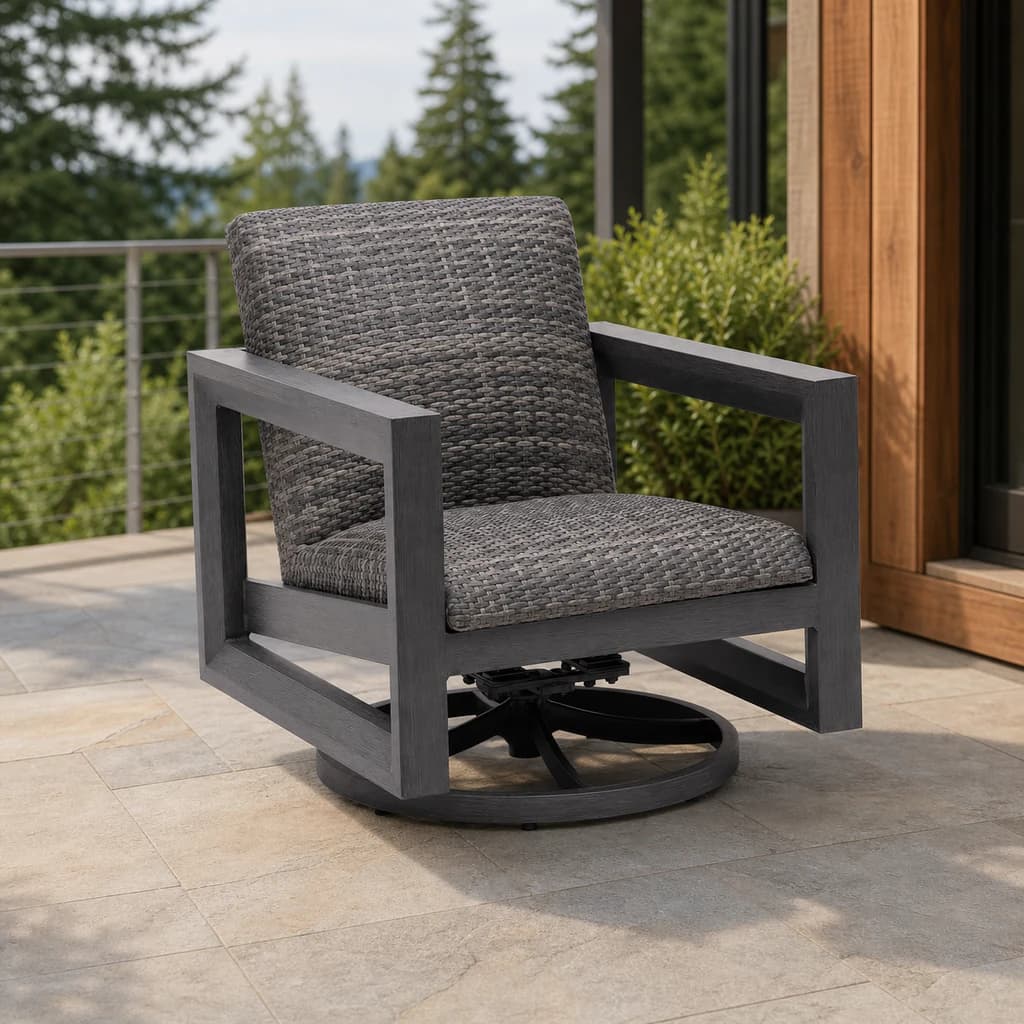 Ratana FN68468 Bergen Swivel Rocker with charcoal frame, gray woven panels and circular rocker base on a cedar terrace.