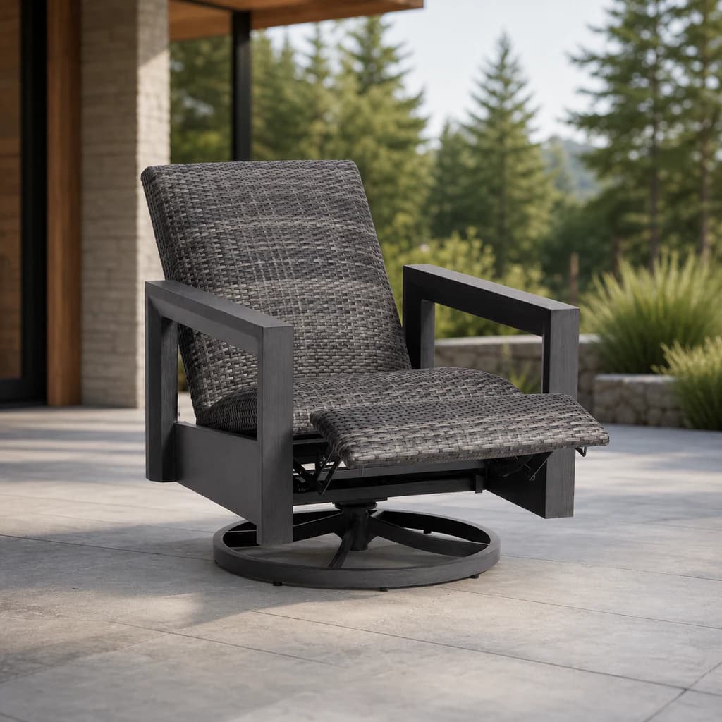 Ratana FN68488 Bergen Swivel Recliner with extended woven footrest and circular base on a Pacific Northwest patio.