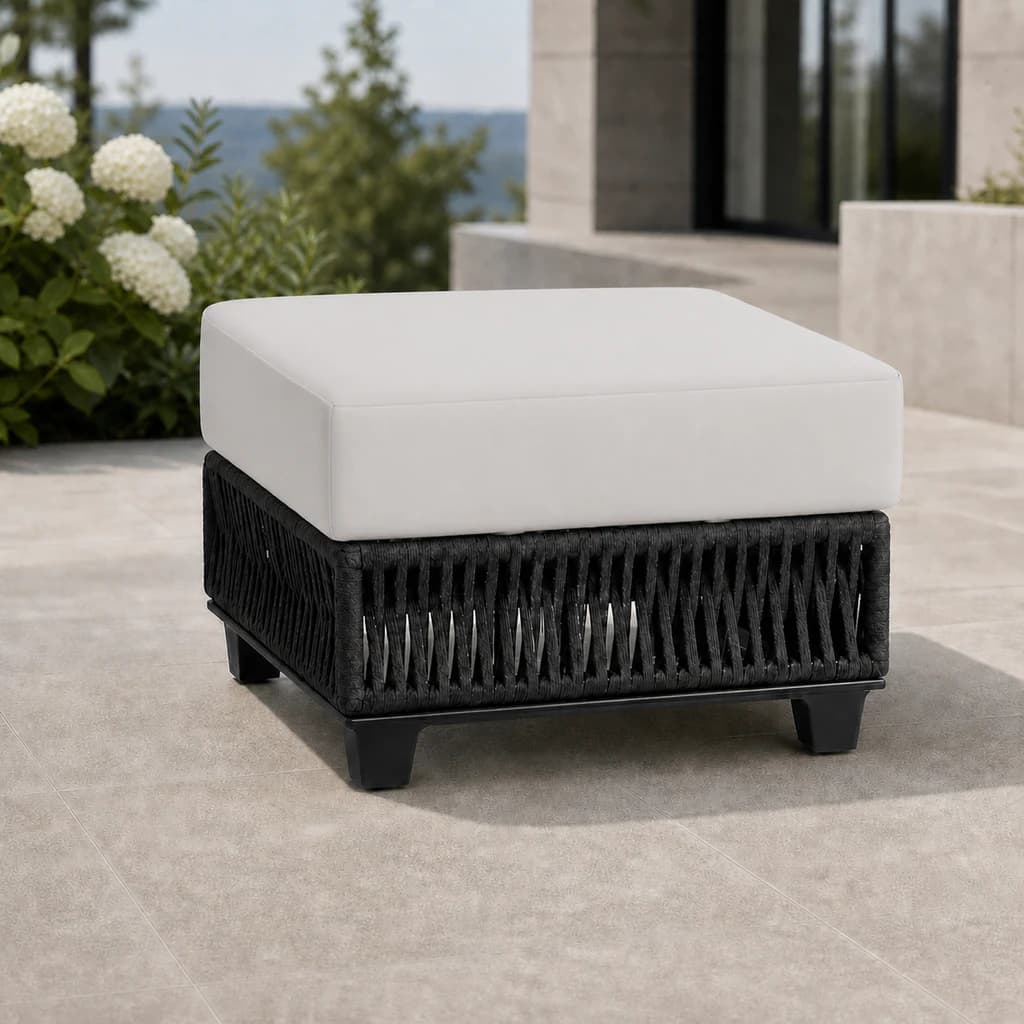 Ratana FN69016 Gemelli ottoman on a modern lakeside patio.