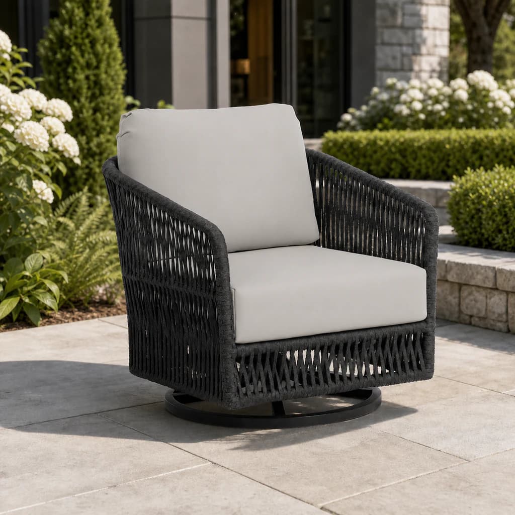 Ratana FN69068 Gemelli swivel rocker on a hydrangea garden patio.