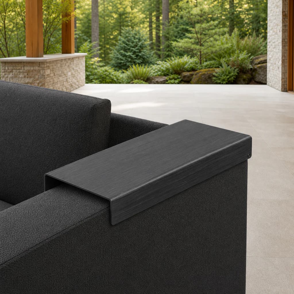 Ratana FN69206 Mission Hill armrest table mounted on an outdoor lounge arm on a covered patio.