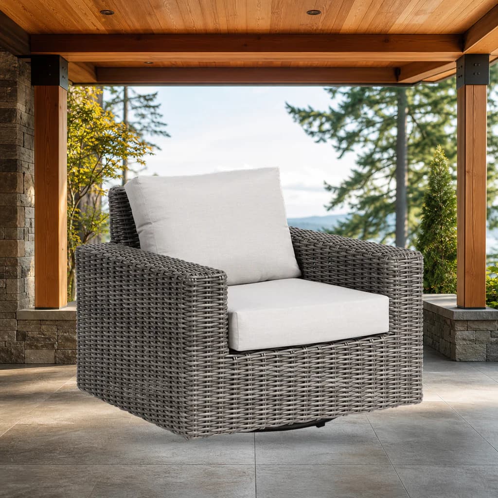 Ratana FN69290 Mission Hill swivel-gliding club chair on a premium Pacific Northwest covered patio.