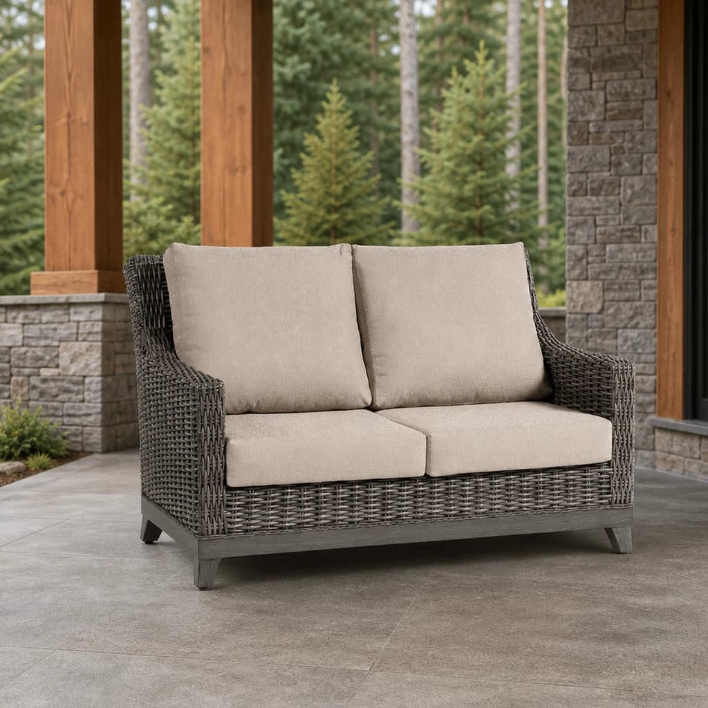 Ratana FN69302 Budapest two-seat Love Seat in charcoal weave on a cedar-and-stone patio.