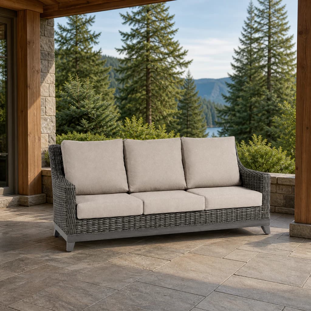 Ratana FN69303 Budapest three-seat Sofa in charcoal weave on a covered mountain patio.