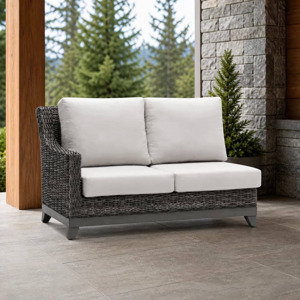 Ratana FN69352-L Budapest two-seat Left Arm module with image-left woven arm on a covered patio.