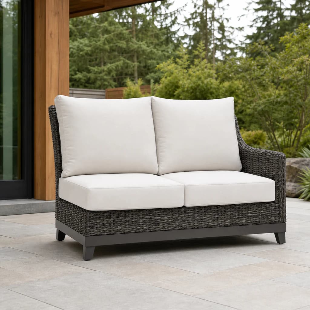 Ratana FN69352-R Budapest two-seat Right Arm sectional module in charcoal weave on a covered patio.