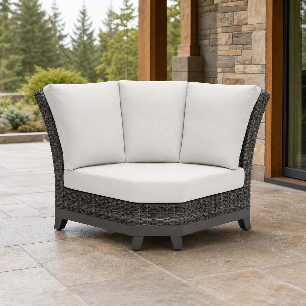 Ratana FN69353-V Budapest Curved Corner sectional module with pale cushions on a covered patio.