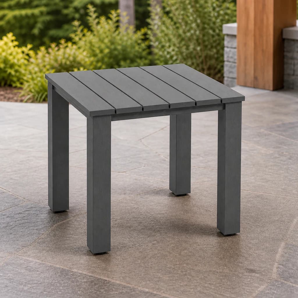 Ratana FN69405 Sunbury square End Table in dark graphite on a covered stone patio.