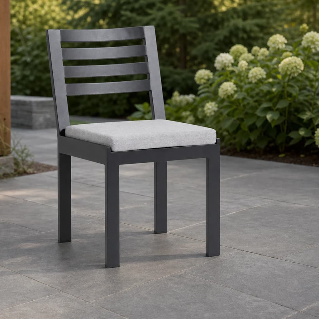 Ratana Vienna graphite dining side chair with four back slats and a plain light-gray seat cushion.