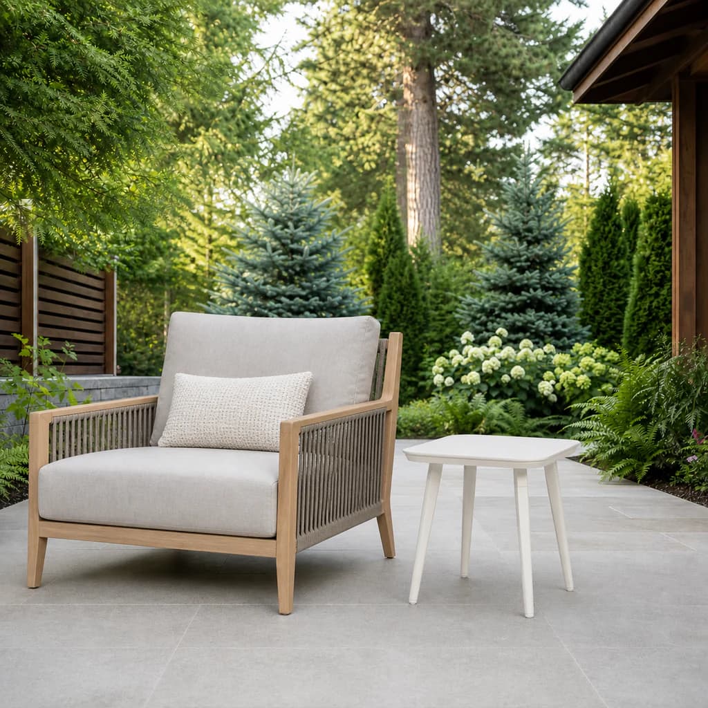 Ratana FN69805 Noma sintered stone end table on a premium Pacific Northwest garden patio.