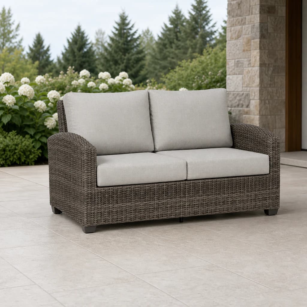 Ratana FN71202 Coral Gables love seat on a covered hydrangea patio.