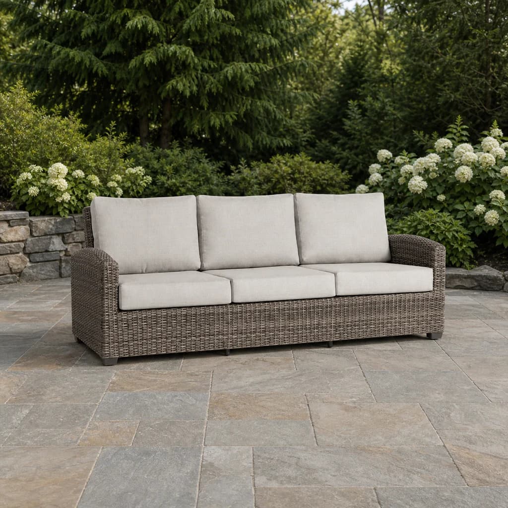 Ratana FN71203 Coral Gables three-seat sofa on an evergreen stone patio.