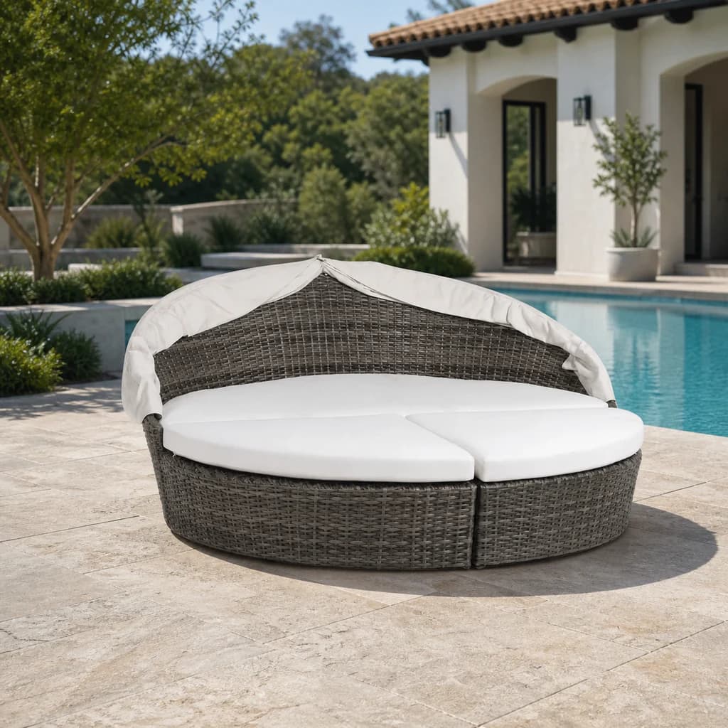Ratana FN71271 Round Daybed with Sunbrella canopy in a poolside garden setting.