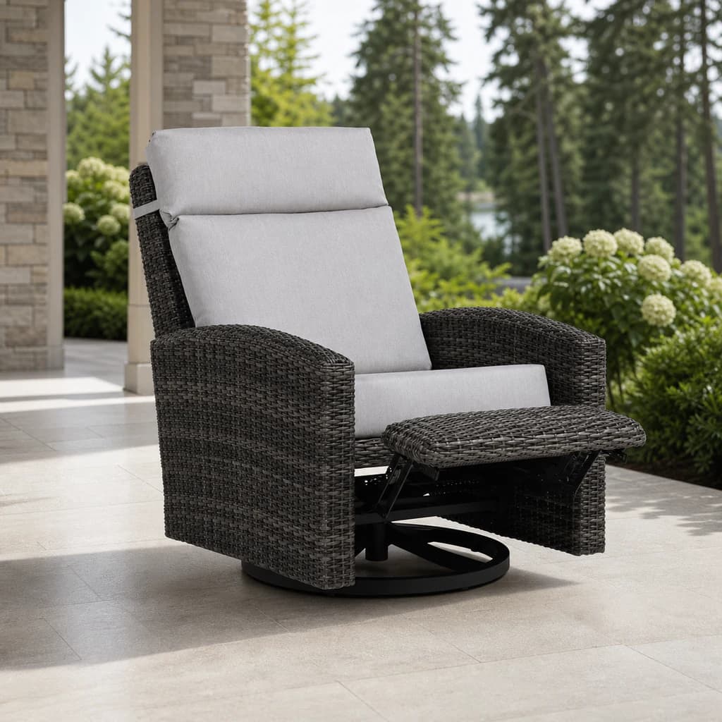 Ratana FN71288 Coral Gables swivel recliner with its woven footrest extended.