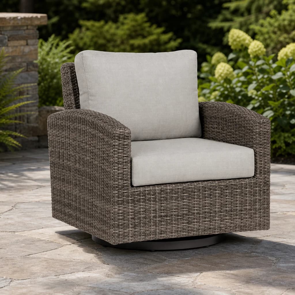 Ratana FN71290 Coral Gables swivel gliding club chair on a hydrangea patio.