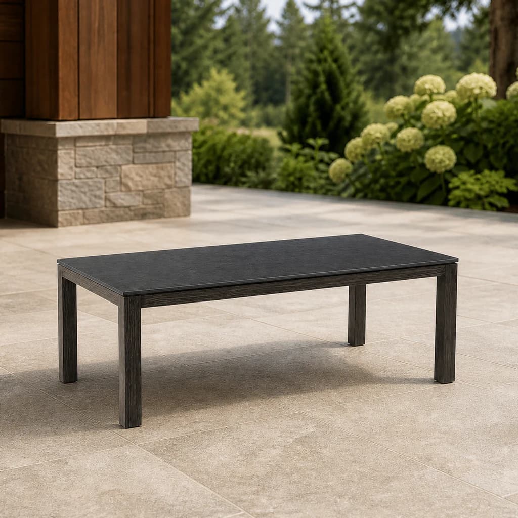 Ratana FN71704 Laguna sintered stone coffee table on a covered Pacific Northwest patio.