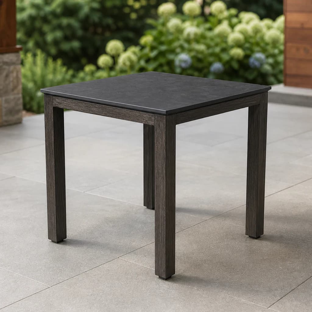 Ratana FN71705 Laguna sintered stone end table on a covered Pacific Northwest patio.