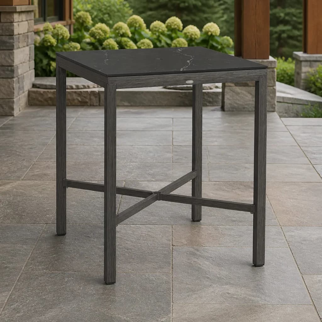 Ratana FN71735 Laguna square bar table on a covered Pacific Northwest patio.