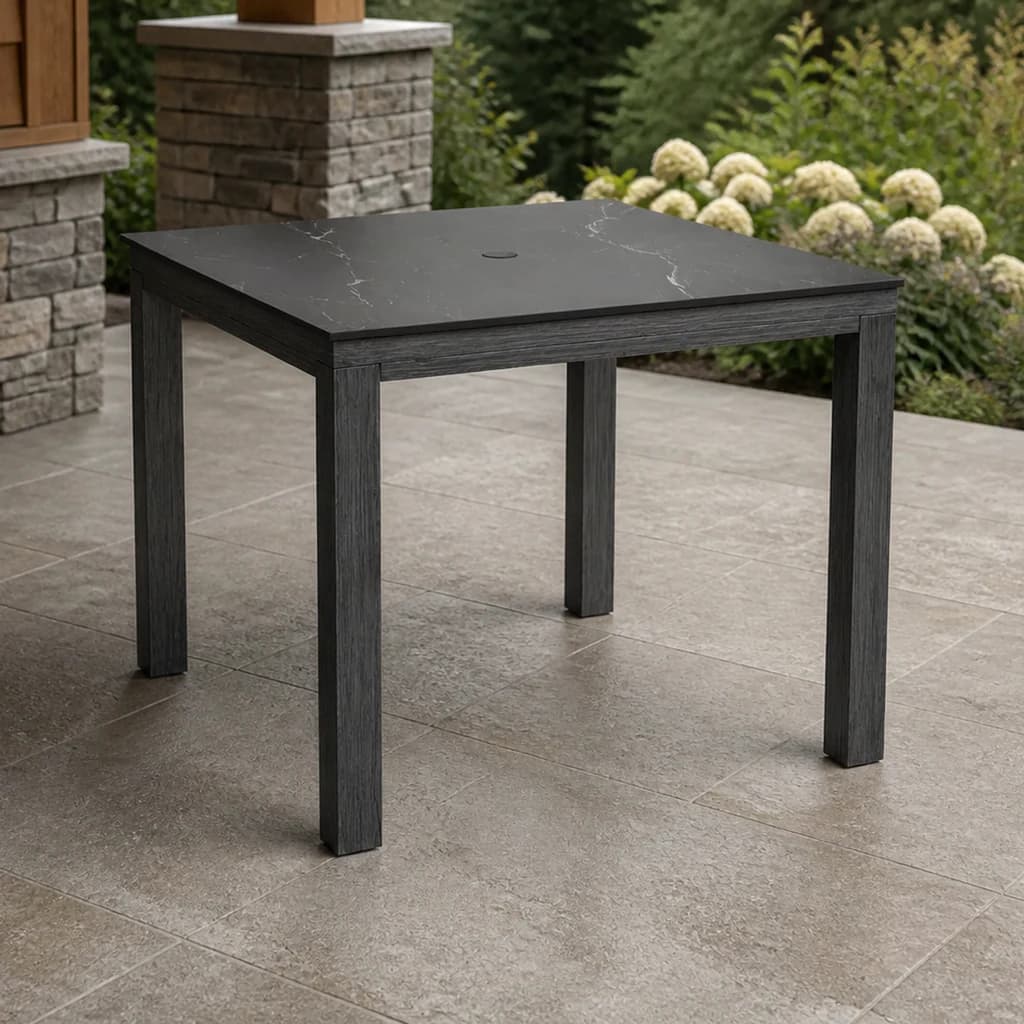 Ratana FN71739 Laguna square dining table on a covered Pacific Northwest patio.