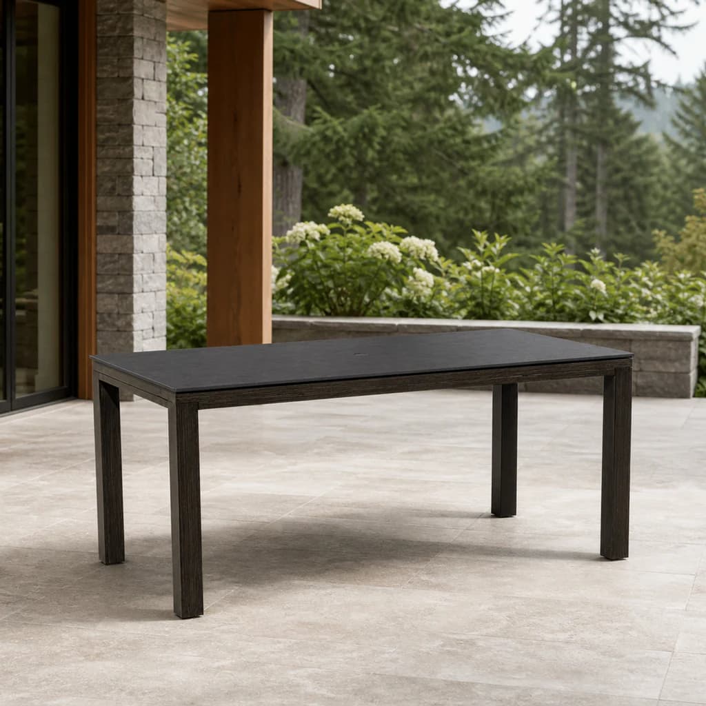 Ratana FN71762 Laguna rectangular dining table on a covered Pacific Northwest patio.