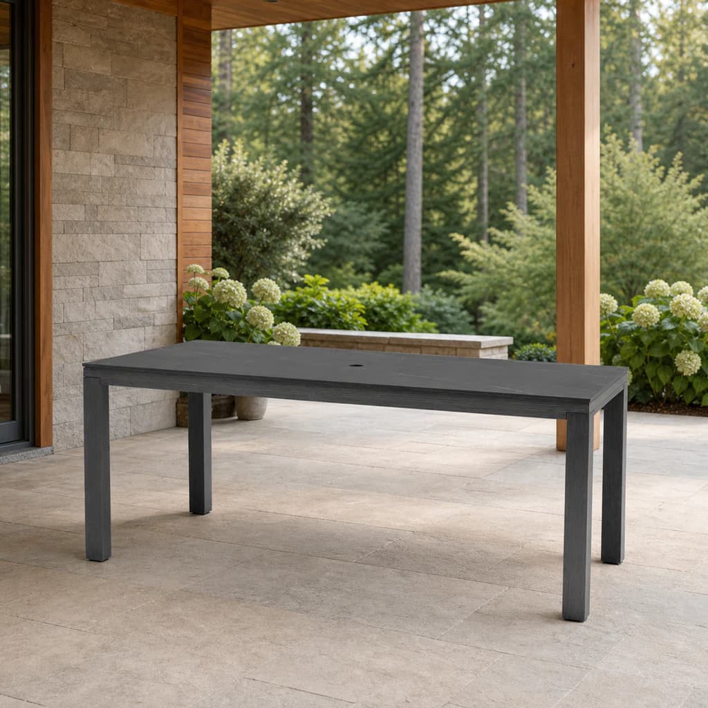 Ratana FN71763 Laguna rectangular dining table on a covered Pacific Northwest patio.