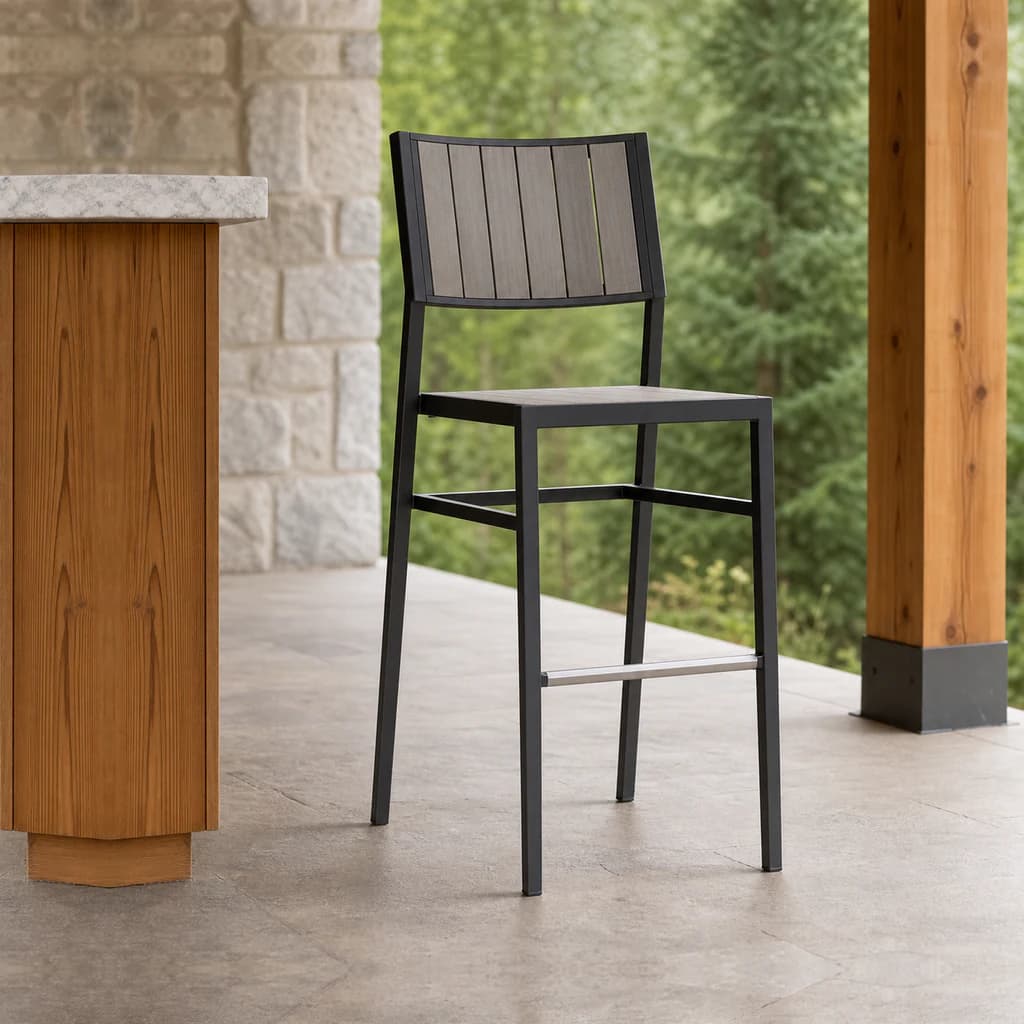 Ratana FN72541 Avignon armless bar chair on a premium covered outdoor bar patio.