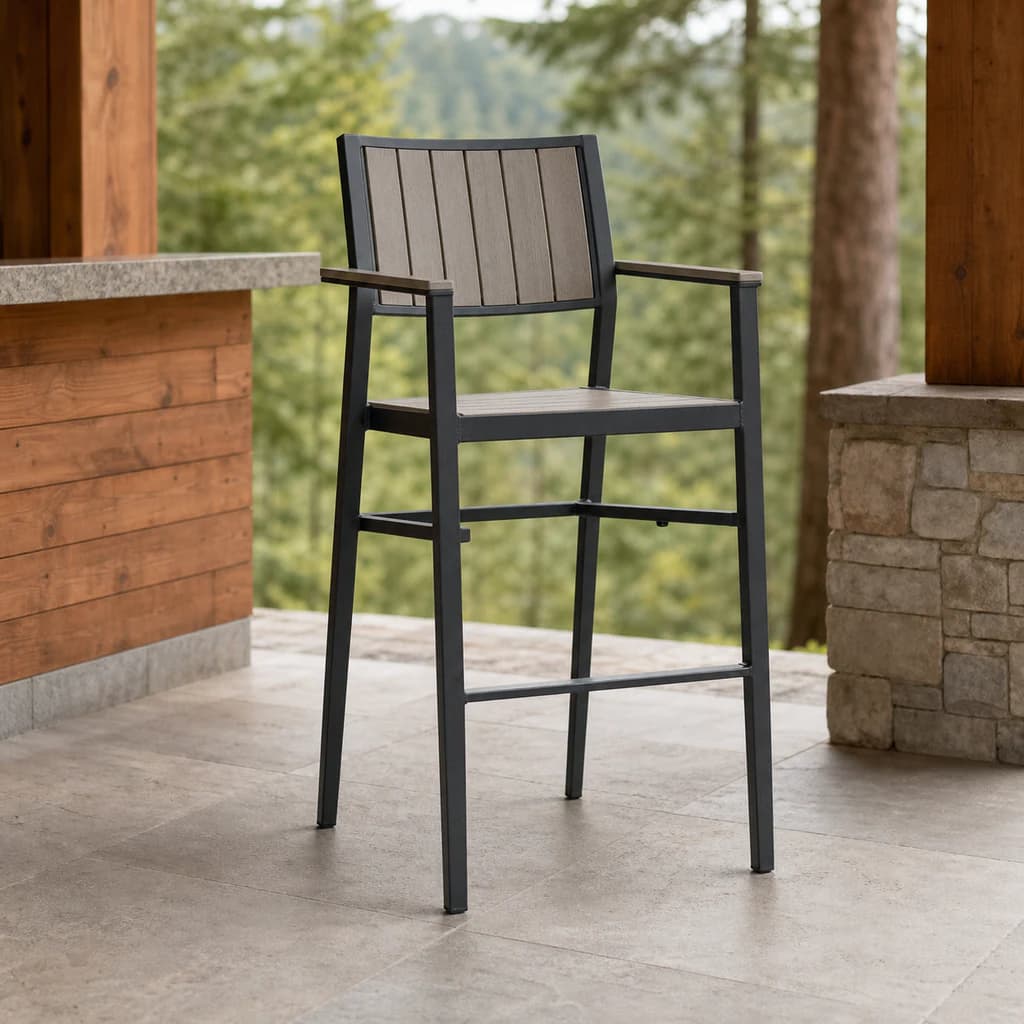 Ratana FN72544 Avignon bar chair with arms on a premium covered outdoor bar patio.