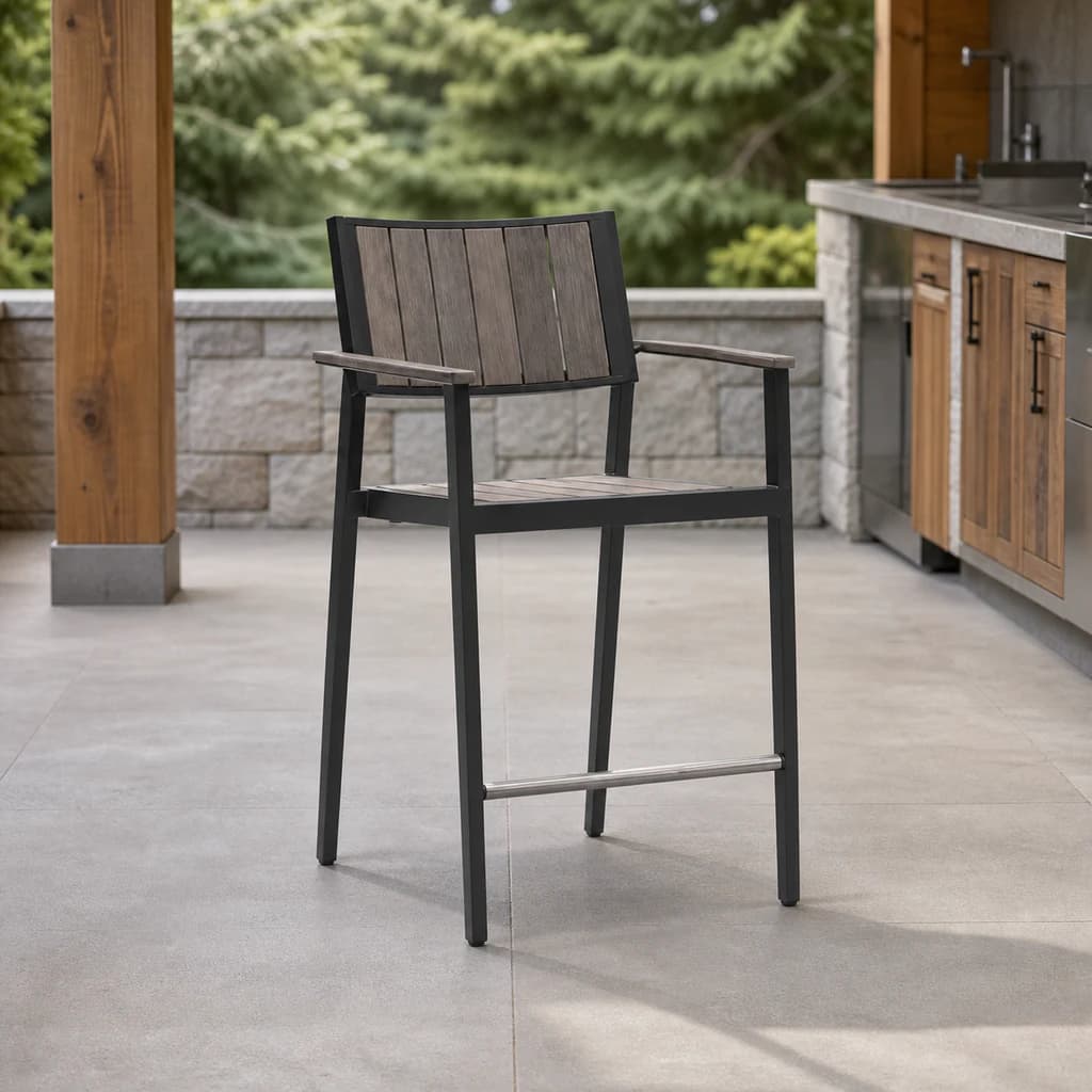 Ratana FN72546 Avignon counter chair with arms on a premium covered outdoor kitchen patio.