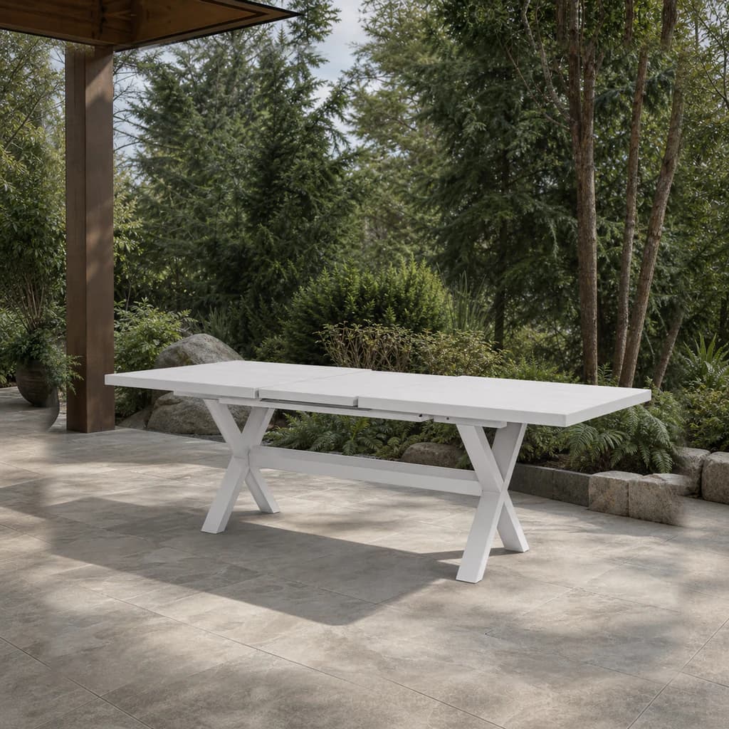 Ratana FN73082 New Miami Lakes extendable pop-up table with sintered-stone top on a covered patio.