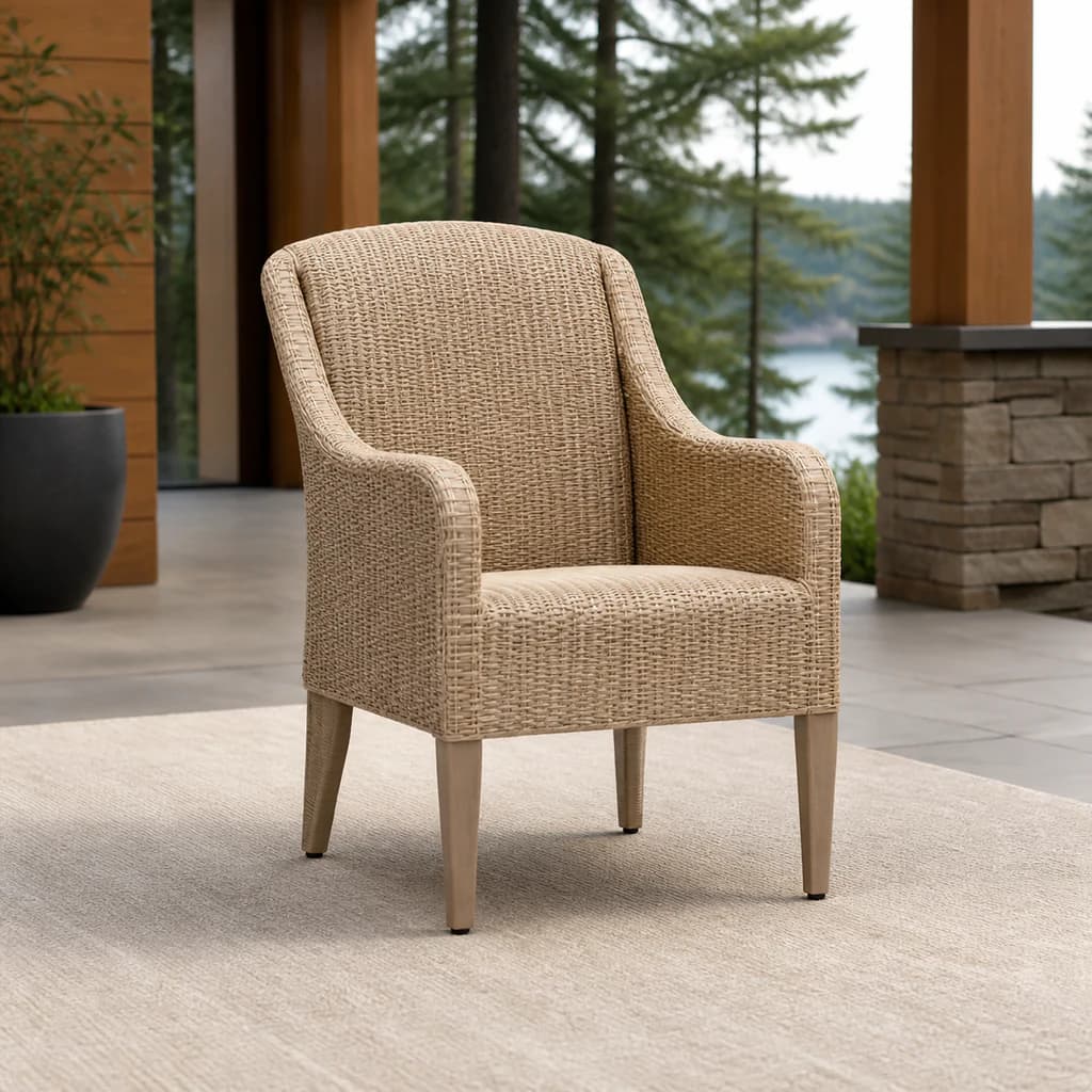Ratana FN73612 Marbella warm-tan dining arm chair on a premium covered patio.