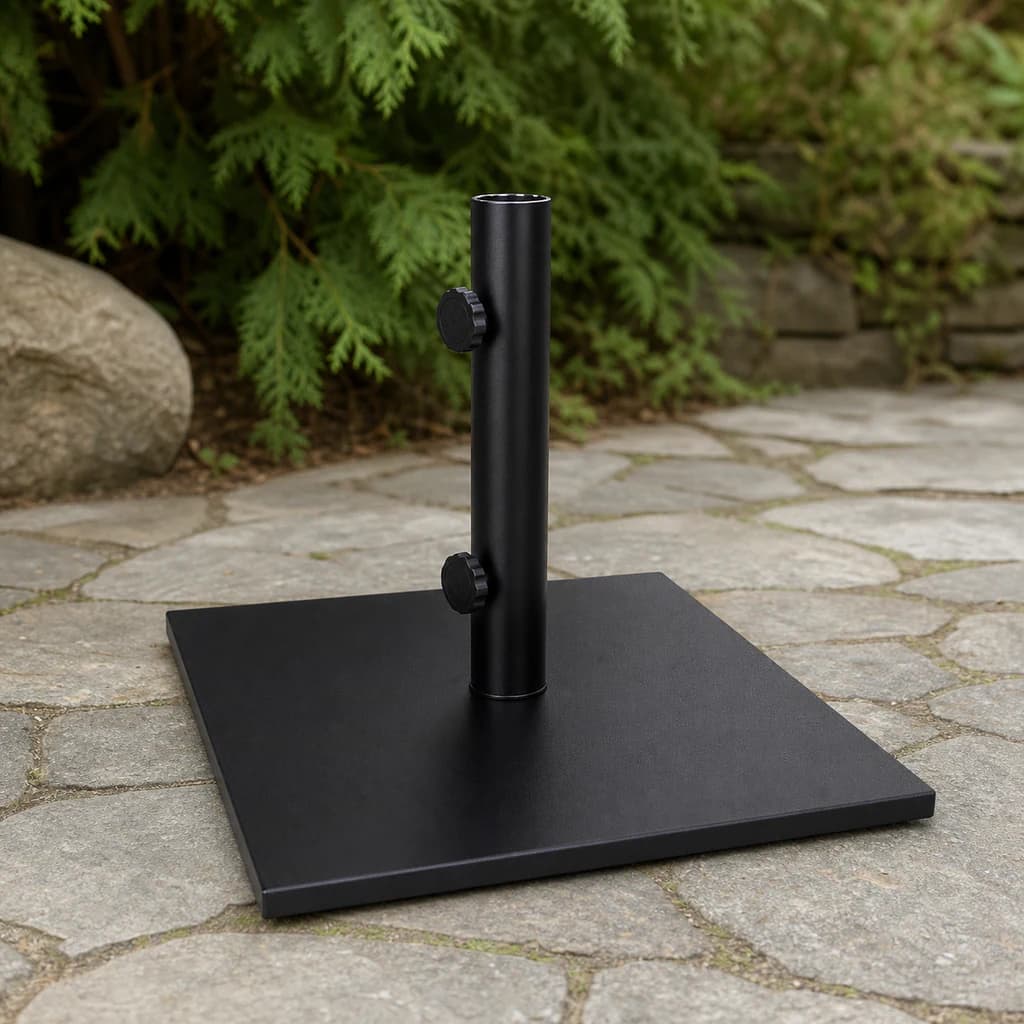 Ratana UM00605-32 black square steel umbrella base with dual-purpose stem on a Pacific Northwest patio.