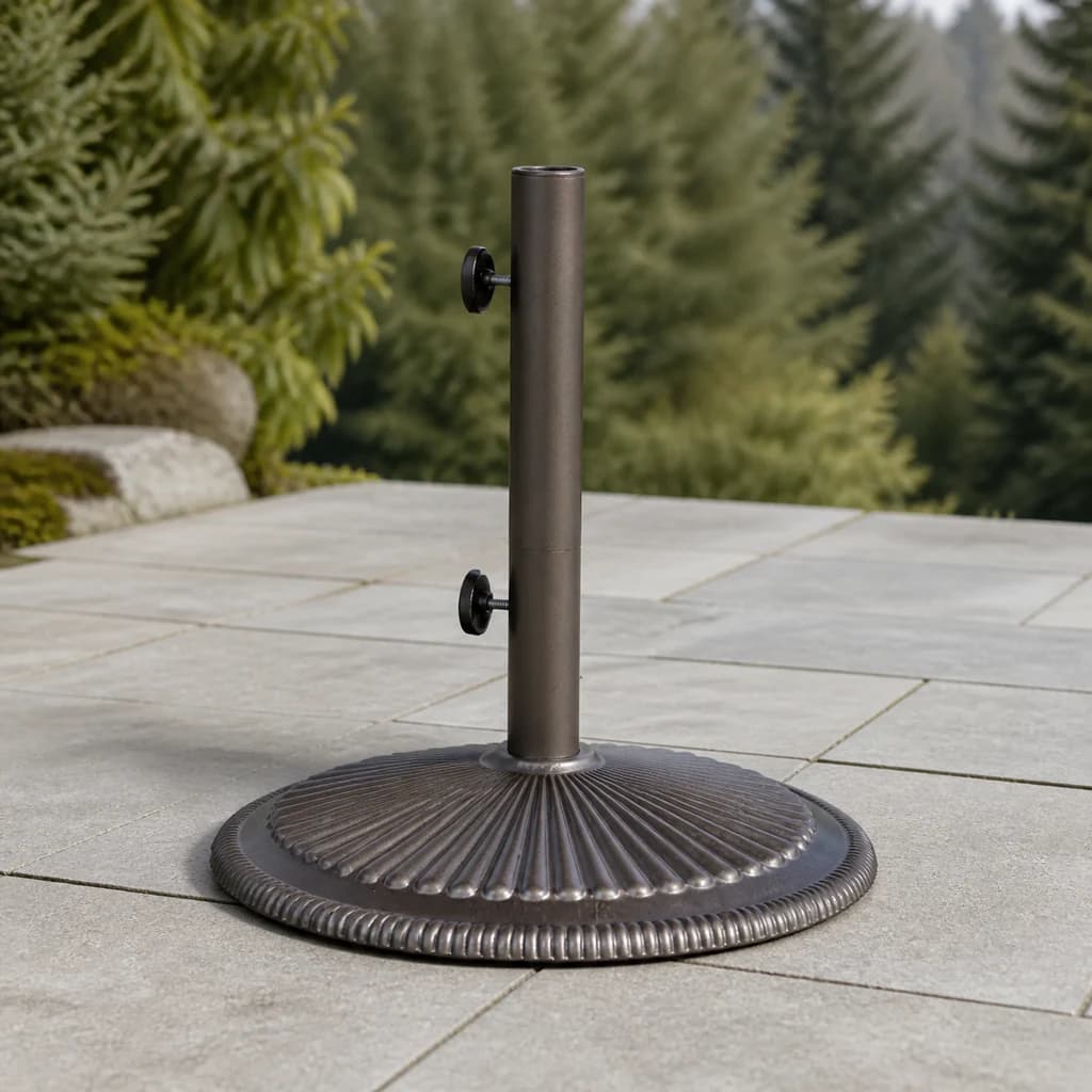 Ratana UM00606 bronze cast-iron round umbrella base with dual-purpose stem on a Pacific Northwest patio.