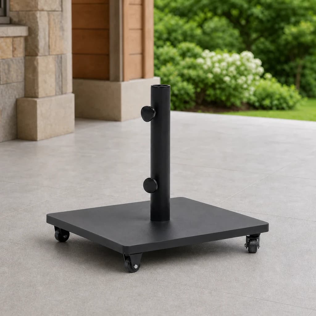 Ratana UM00609 steel umbrella base with casters on a stone patio.