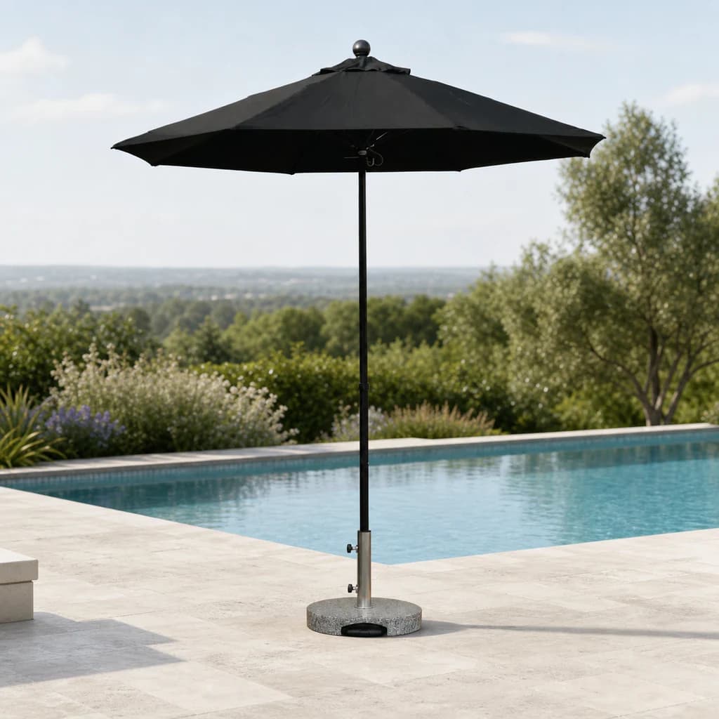 Ratana UM00705 7.5-foot fiberglass umbrella beside a landscaped pool.